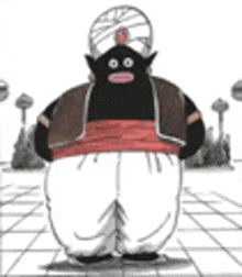 a black and white cartoon character wearing a turban and pants .