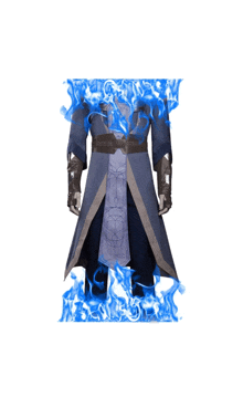 a man in a blue coat and gloves is surrounded by blue fire