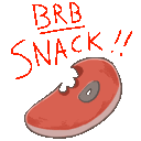 a cartoon drawing of a piece of meat with the words brb snack written above it