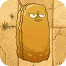 a cartoon chicken nugget with a serious face is standing next to a wall .