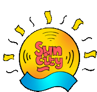 a cartoon sun with the words sun city written on it