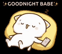 a cartoon cat is laying on a pillow holding a cell phone and saying `` goodnight babe '' .