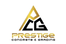 a logo for prestige concrete and grading with a gold triangle in the middle