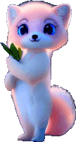 a cartoon fox with blue eyes is holding a leaf