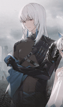 a drawing of a girl with white hair and a man with black armor