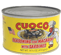 a yellow can of cuoco brand seasoning for macaroni and sardines