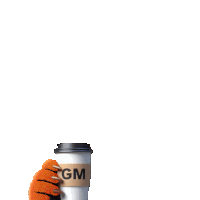 a stuffed animal is holding a cup of coffee that says gm