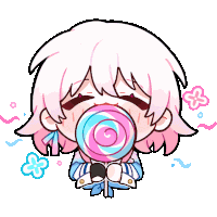 a cartoon of a girl with pink hair holding a lollipop