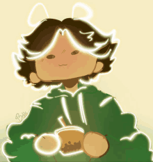 a drawing of a boy in a green hoodie holding a cup