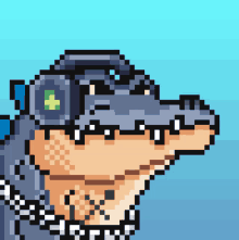 a pixel art of a crocodile wearing a helmet with a green cross on it