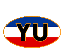 a red white and blue oval with the word yu in black