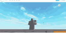 a screenshot of a roblox game shows a white robot standing in front of a cloudy sky