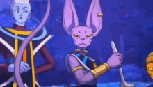 a purple rabbit is holding a ladle in his hand while standing next to another purple rabbit .