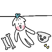 a cartoon drawing of a dog laying on the ground with bones and a skull .