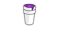 a cartoon drawing of a cup of purple liquid dripping from the top .