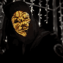 a person wearing a black hood and a gold mask on their face