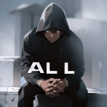 a man in a hoodie sits on a bench with the word all written above him