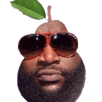 a man with a beard and sunglasses looks like a pear with a leaf on top