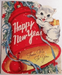 a happy new year greeting card with a kitten in a bell