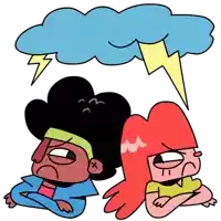 a cartoon of a man and a woman with their arms crossed under a cloud with a lightning bolt coming out of it