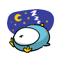 a cartoon drawing of a penguin sleeping under a moon