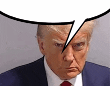 donald trump is making a funny face with a speech bubble above his head .