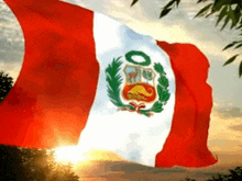 the flag of peru is waving in the wind with the sun shining through the trees in the background .