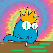 a cartoon character with a crown on his head is drinking from a straw