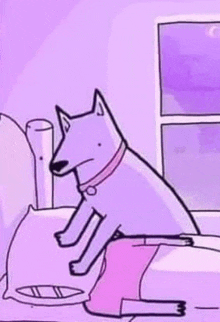 a cartoon of a dog sitting on a bed next to a window .