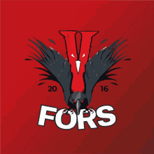 a black bird with a red letter v on its head and the word fors below it