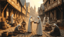 a group of nuns are standing on a cobblestone street in an old town