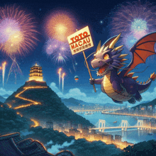 a dragon holding a sign that says toto macau on it