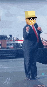 a man in a suit and tie is wearing a hat and sunglasses and has #trump written on the bottom