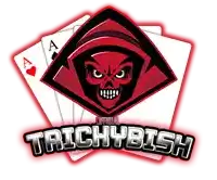 a logo for trickybish with a skull and playing cards in the background