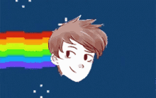 a cartoon of a boy with a rainbow behind him