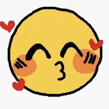 a yellow smiley face with two red hearts around it and a kiss on the cheek .