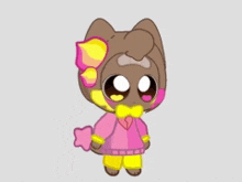 a cartoon of a cat wearing a pink sweater and yellow pants