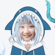 a girl is wearing a shark costume with a shark hood .