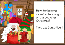 two elves are standing next to a sign that says how do the elves clean santa 's sleigh on the day