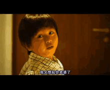 a young boy in a plaid shirt is standing in front of a door and talking in chinese .