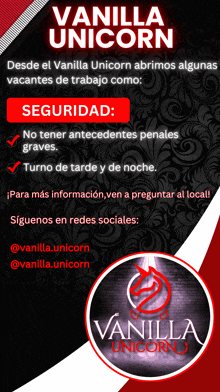 an advertisement for vanilla unicorn in spanish with a red circle