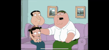 peter griffin is holding a baby while sitting on a couch with two other men