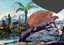 a painting of a dinosaur standing on a rock in a jungle .