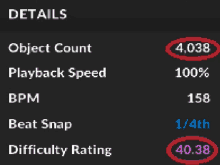 a screen shows the details of an object count playback speed bpm and beat snap