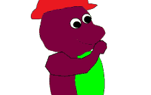 a cartoon of a purple dinosaur wearing a red hat and a green shirt