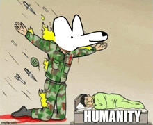 a cartoon of a soldier kneeling in front of a sleeping man with the word humanity written on the bottom