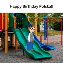 a cartoon character on a slide with the words happy birthday polska