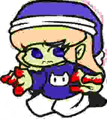 a pixel art drawing of a cartoon character wearing a santa hat and holding a christmas present .