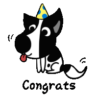 a cartoon of a dog wearing a party hat with the words congrats below it