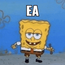 spongebob squarepants is holding a spoon and smiling with the word ea above him .